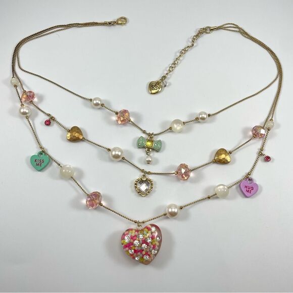 Betsey Johnson Candyland Gold Tone Multi Layer Beaded Heart Pendant Necklace - Picture 5 of 10